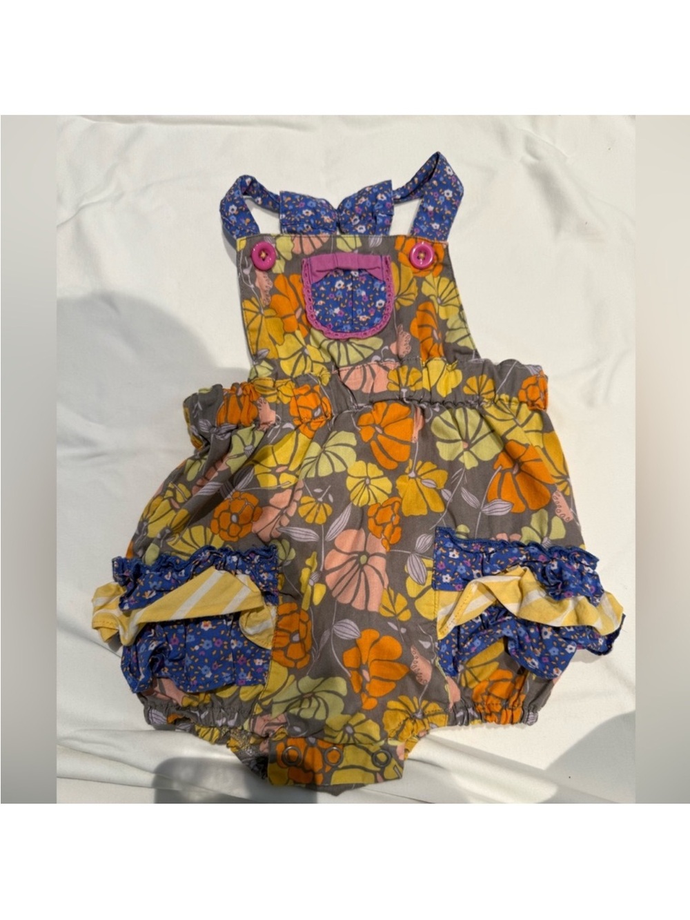 Matilda Jane Floral Ruffle Bubble Romper in Gray, Yellow & Orange